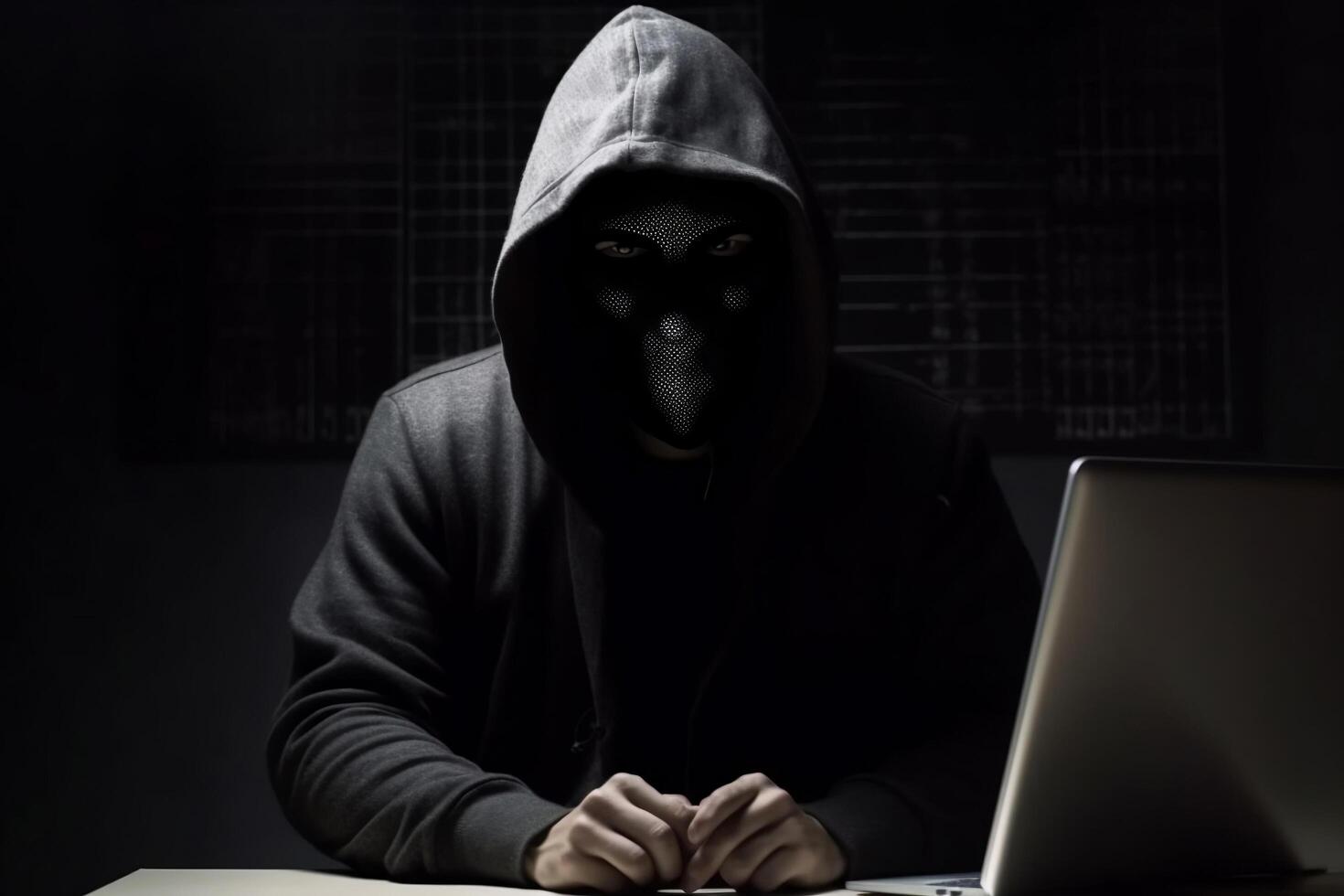 Anonymous hacker with hood and mask sitting next to computer photo