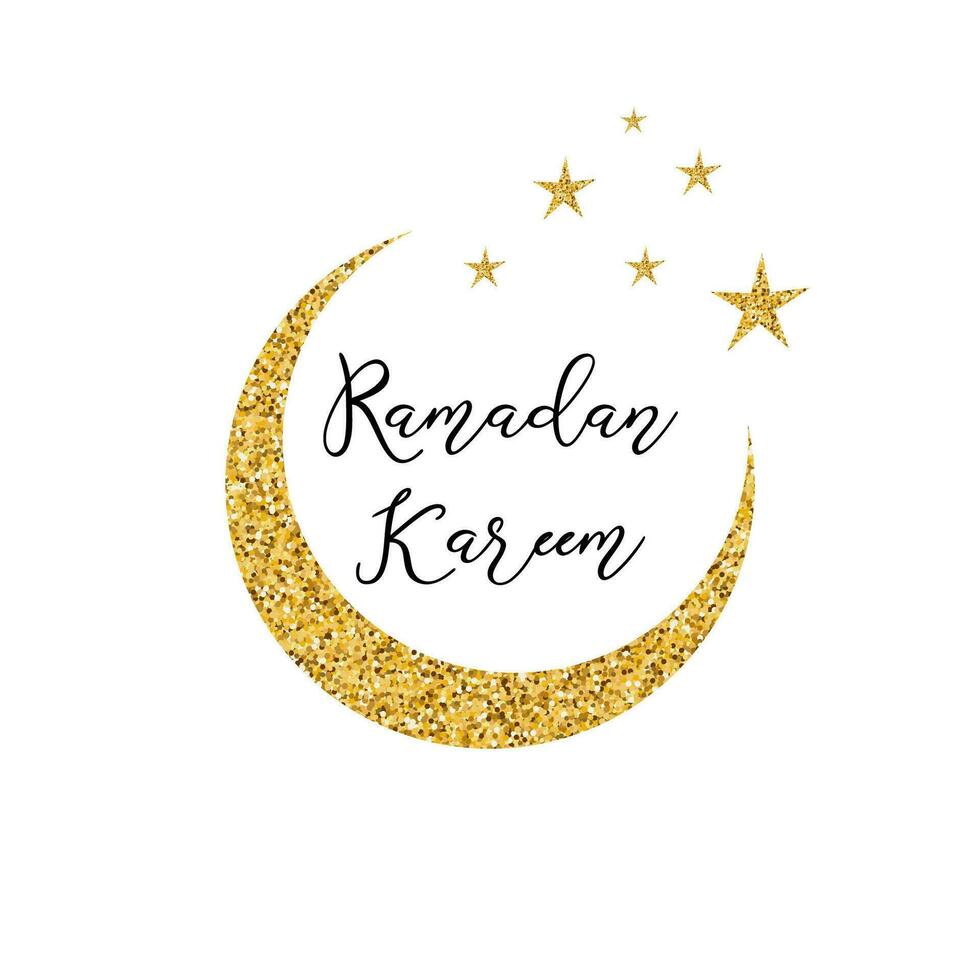 Creative vector crescent bright gold moon for Holy Month of Muslim Community text Ramadan Kareem gold stars on white Muslim celebration banner card label sign poster print made in gold sparkling style