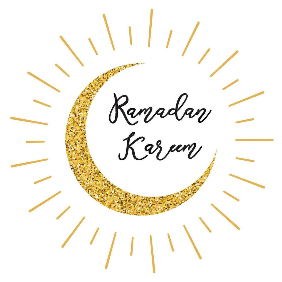 Creative vector crescent bright gold moon for Holy Month of Muslim Community text Ramadan Kareem gold stars on white Muslim celebration banner card label sign poster print made in gold sparkling style
