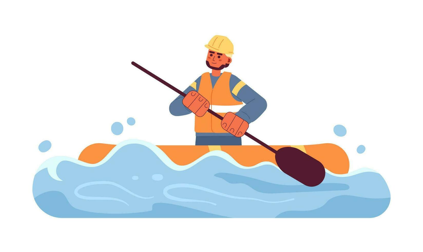 Lifeguard on inflatable boat flat concept vector spot illustration. Man rowing and saving people during flood 2D cartoon character on white for web UI design. Isolated editable creative hero image
