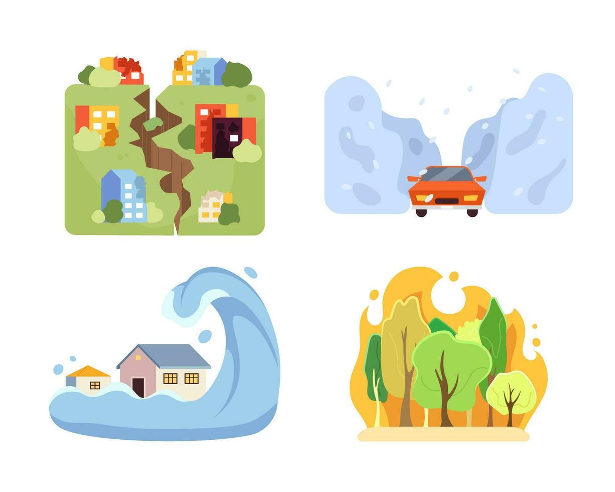 Natural disasters flat concept vector spot illustrations set. Earthquake, tsunami, forest fire and blizzard 2D cartoon scenes on white for web UI design. Isolated editable creative images collection