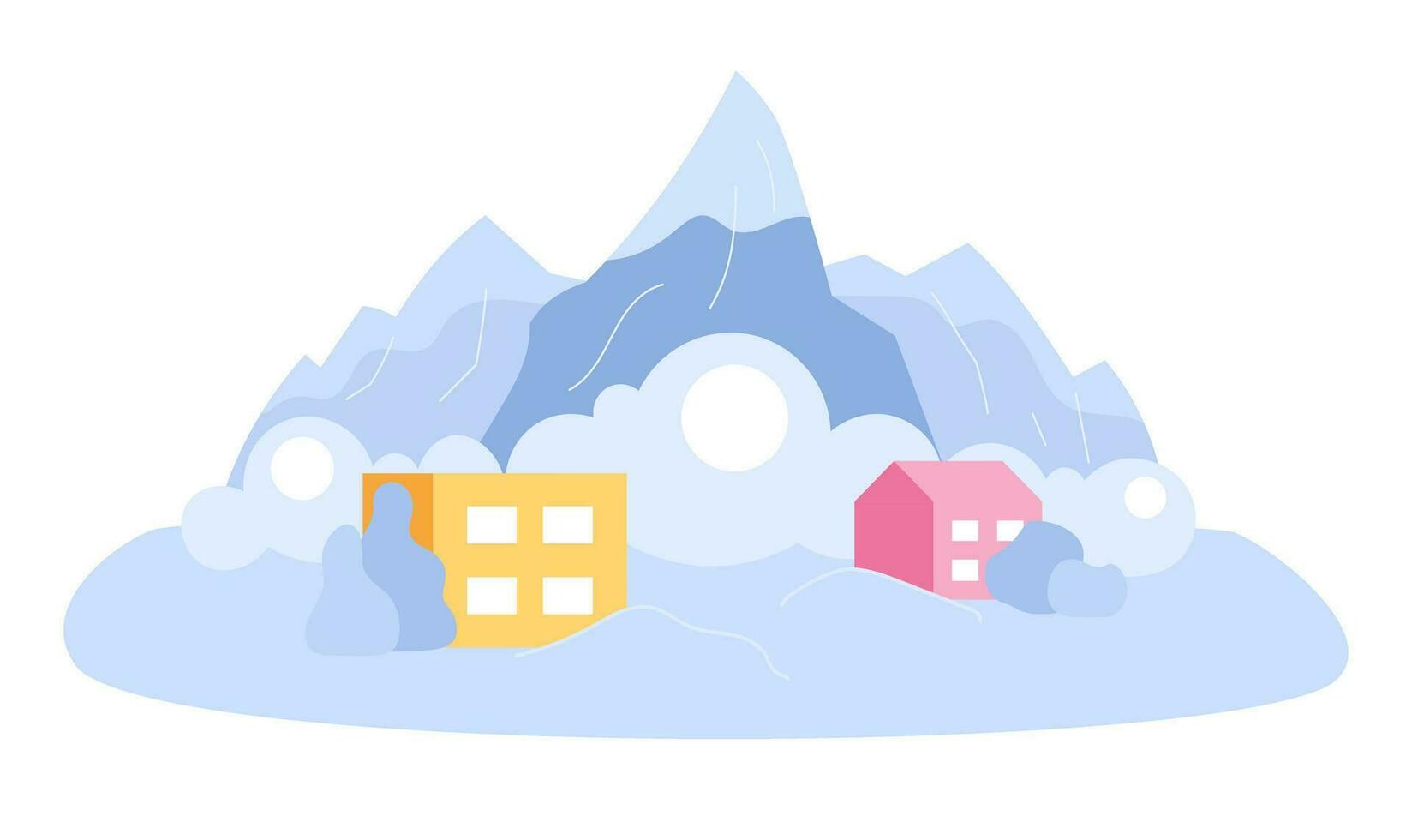 Avalanche cover town flat concept vector spot illustration. Snowslide. Falling snow 2D cartoon scene on white for web UI design. Natural disaster isolated editable creative image