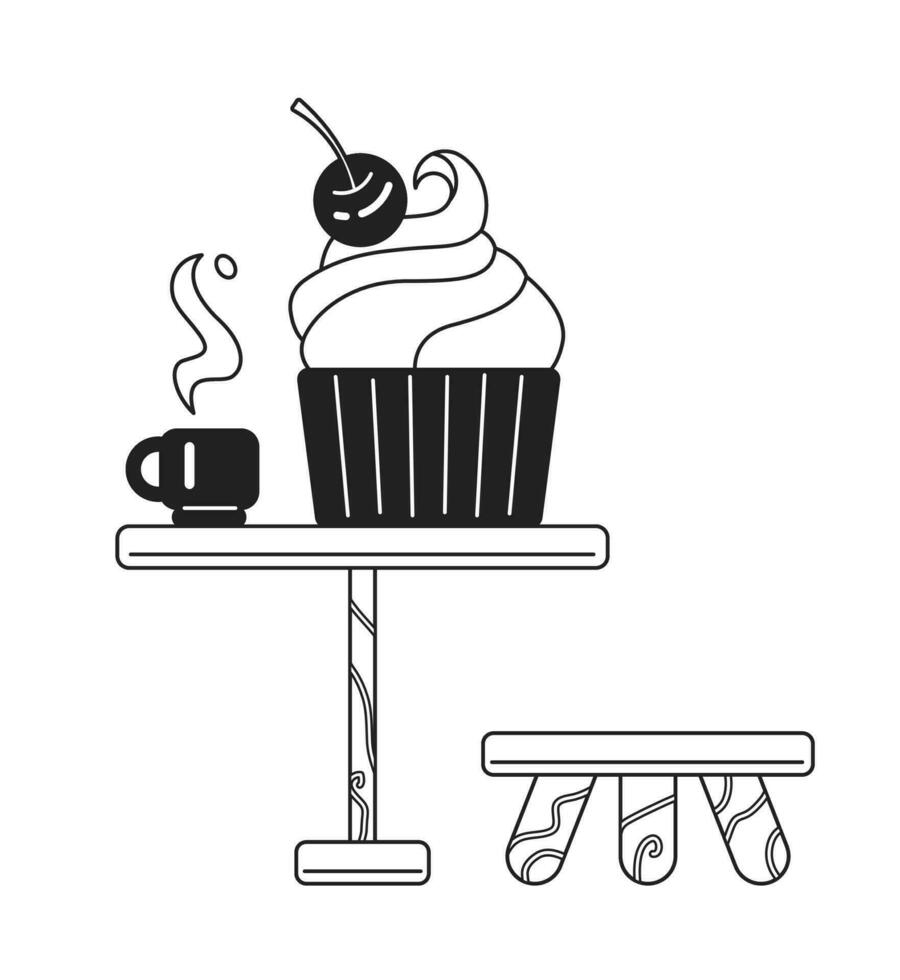 Ice cream and coffee cup on table monochrome flat vector object. Cafe. Dessert. Coffee break. Editable black and white thin line icon. Simple cartoon clip art spot illustration for web graphic design