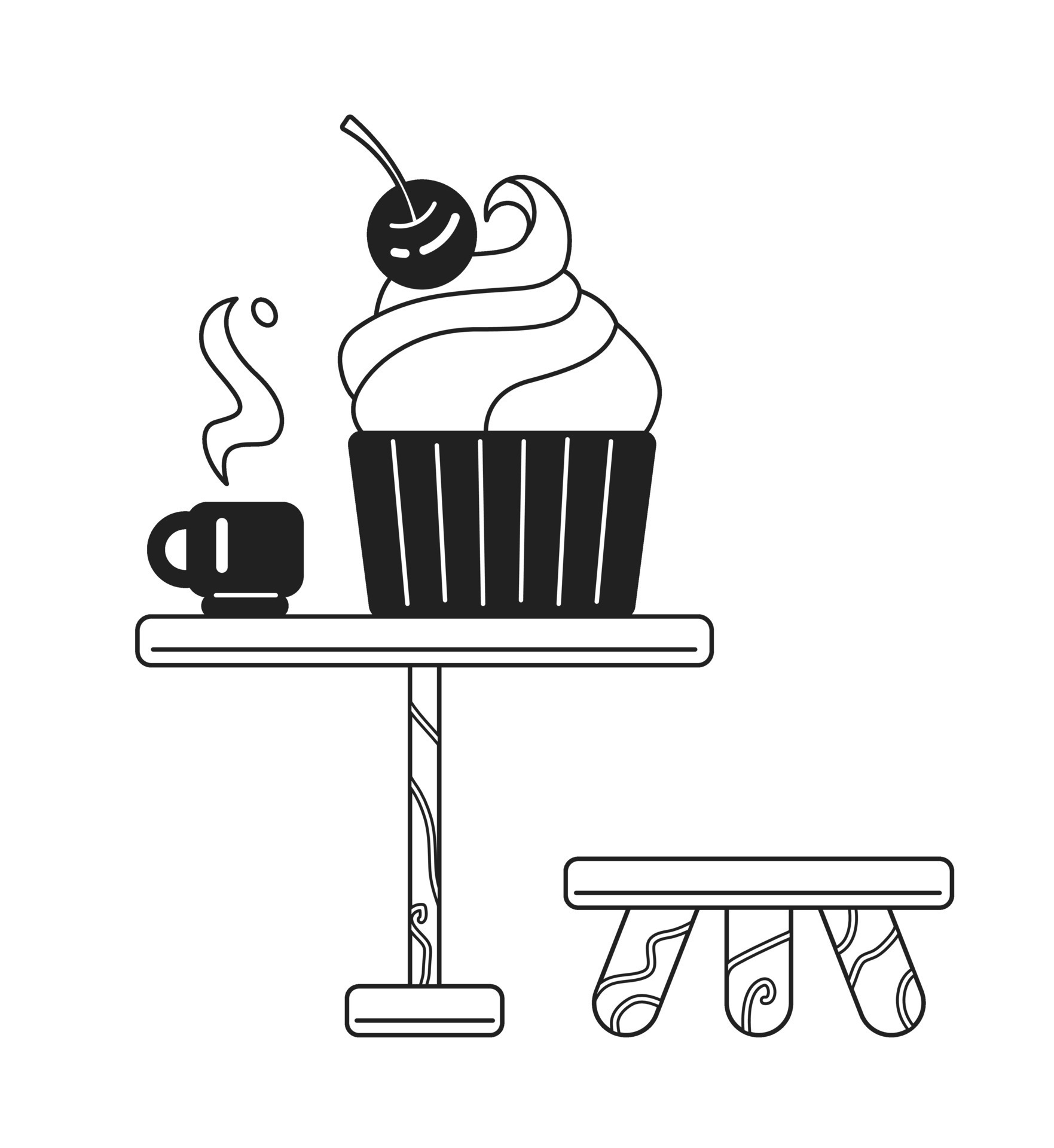 Ice cream and coffee cup on table monochrome flat vector object. Cafe