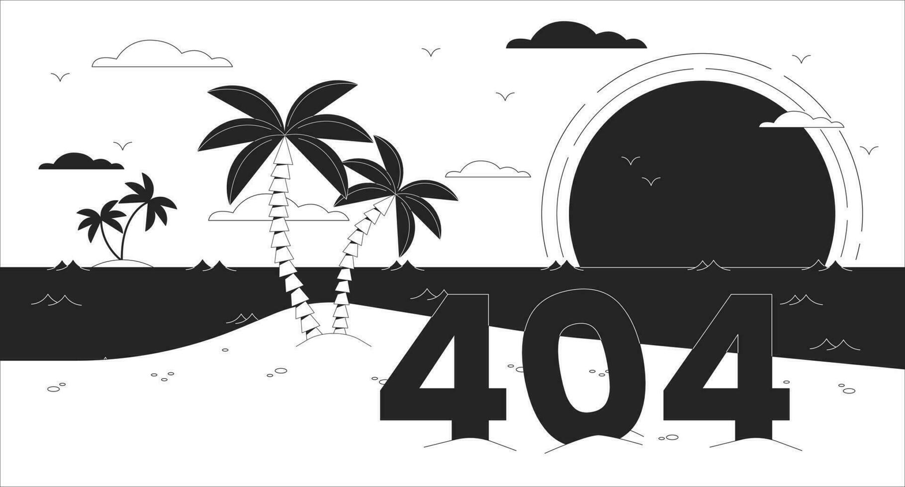 bahía paraíso negro blanco error 404 destello mensaje. palma arboles en isla. monocromo sitio web aterrizaje página ui diseño. no encontró dibujos animados imagen, soñador vibras. vector plano contorno ilustración concepto