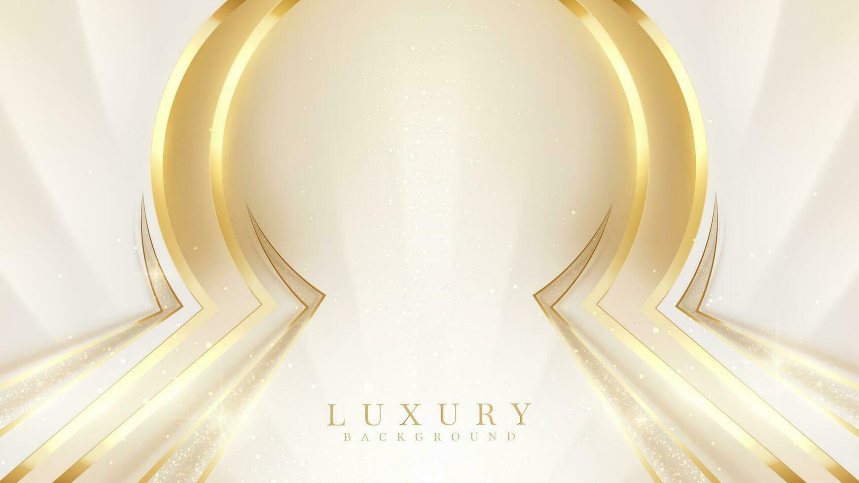 Elegant gold frame on cream color background with light effect and bokeh decorations. Luxury style scene. vector