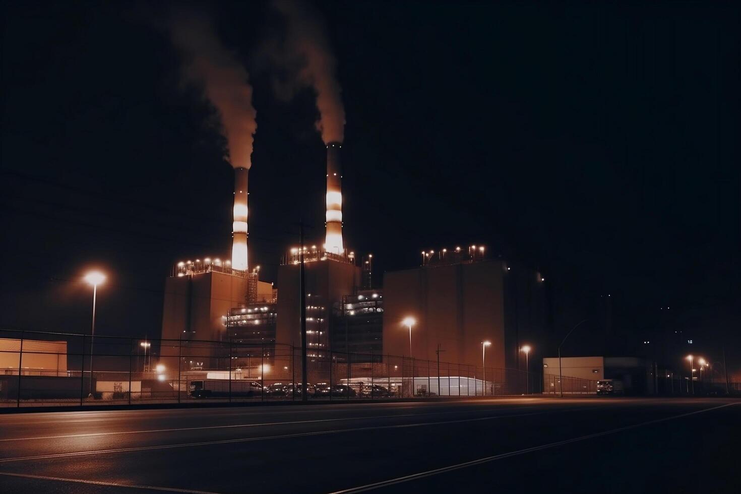Coal power plant complex at guarded industrial district with three smokestacks at night photo