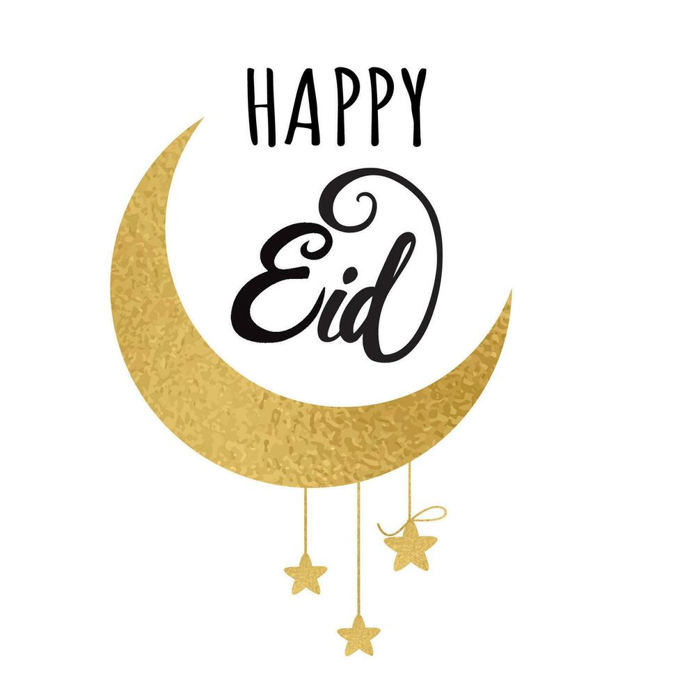 Creative vector crescent moon with golden stars for Holy Month of Muslim Community, Happy Eid celebration made in gold sparkling style. Banner, card, logo, print, symbol, sign design illustration
