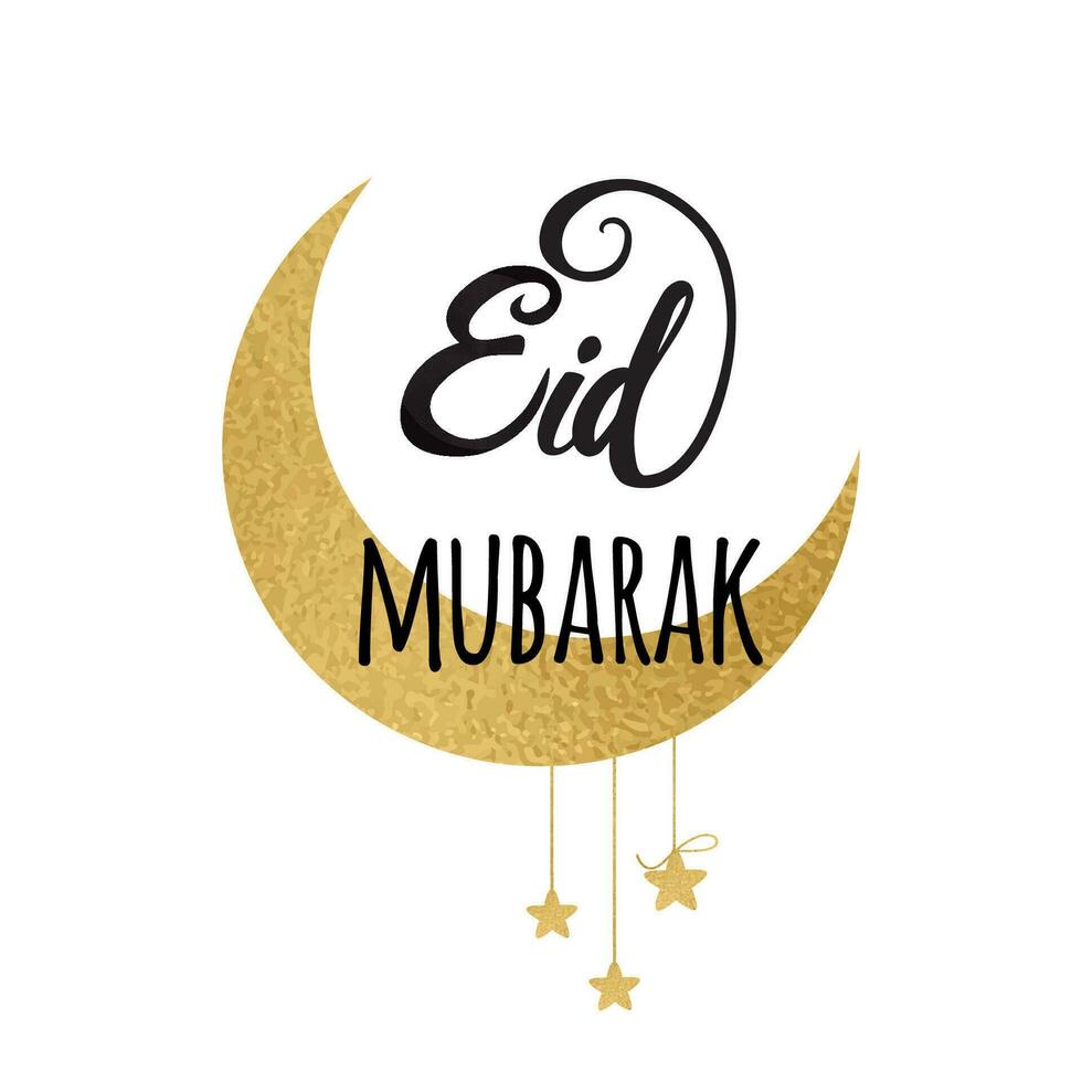 Creative vector crescent moon with golden stars for Holy Month of Muslim Community, Eid Mubarak celebration made in gold sparkling style. Banner, card, logo, print, symbol, sign design illustration