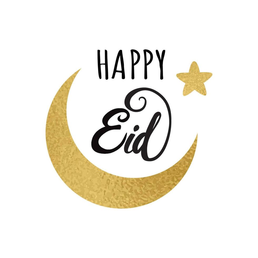 Creative vector crescent moon with golden stars for Holy Month of Muslim Community, Happy Eid celebration card design in gold sparkling style. Banner, logo, print, symbol, sign illustration