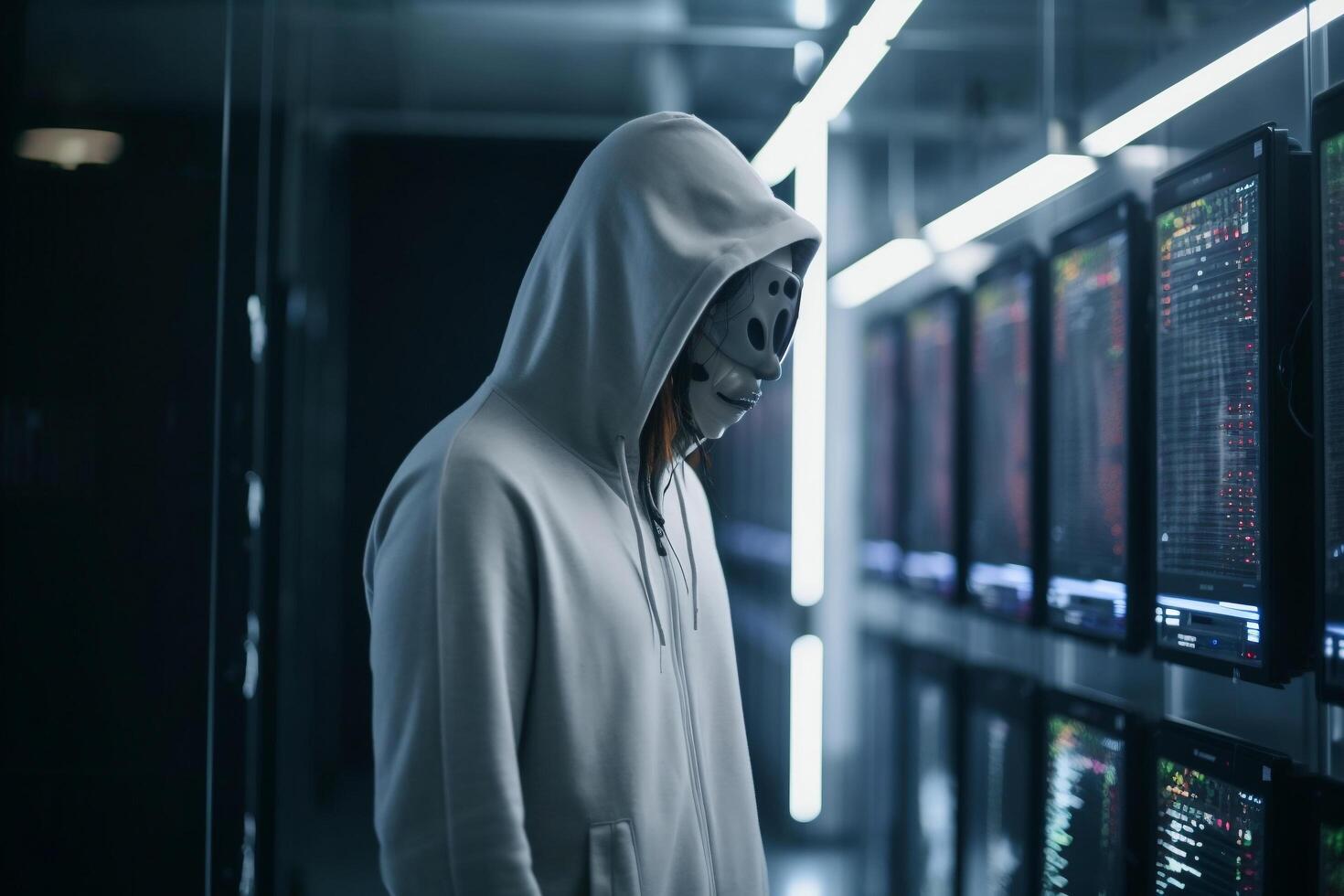 Anonymous hacker with hood and mask inside of data center photo