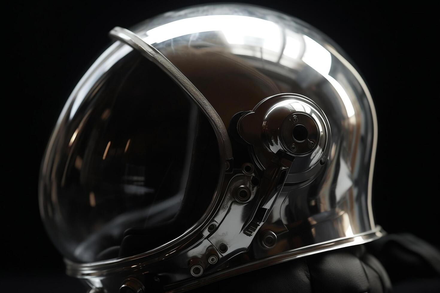 Astronaut helmet detail with glossy glass and reflections on metal surface photo