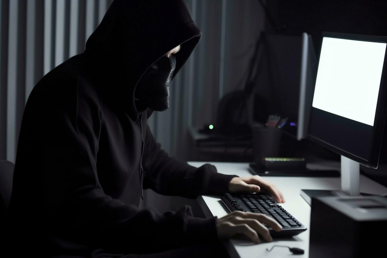 Anonymous hacker with hood and mask sitting next to computer photo