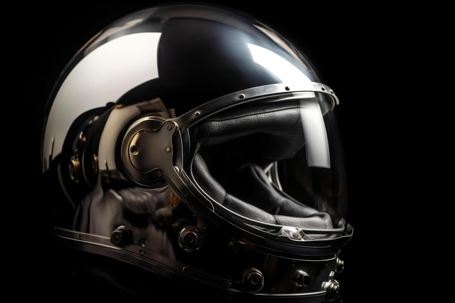 Astronaut helmet detail with glossy glass and reflections on metal surface photo