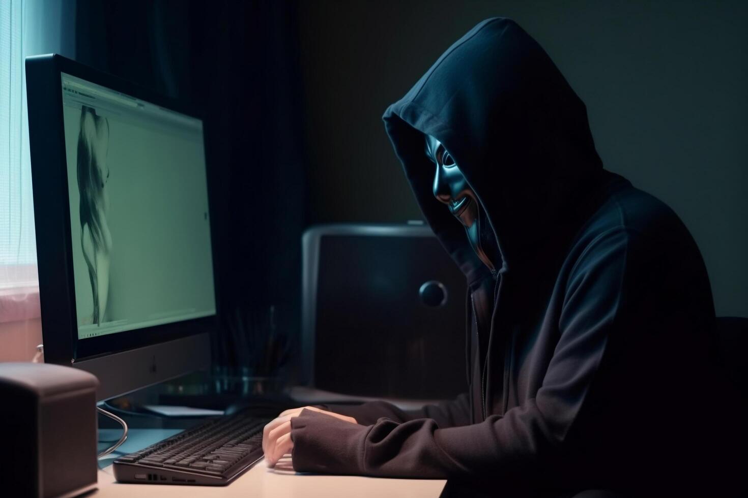 Anonymous hacker with hood and mask sitting next to computer photo