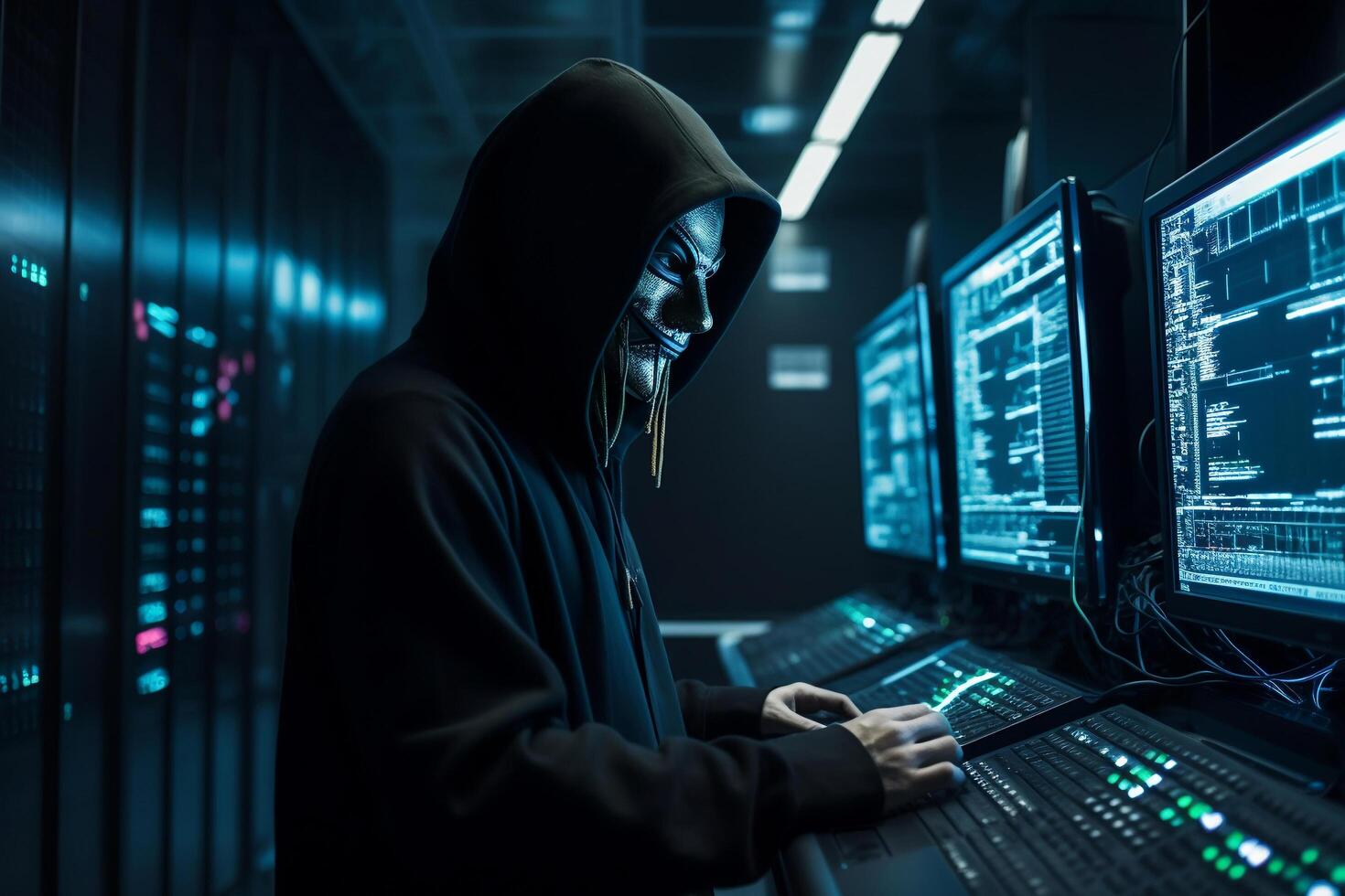 Anonymous hacker with hood and mask steals data inside data center photo