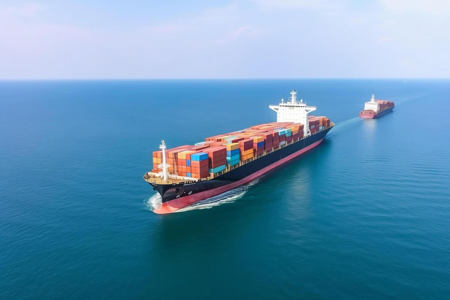 Big transport ship loaded with containers with goods on the open sea photo