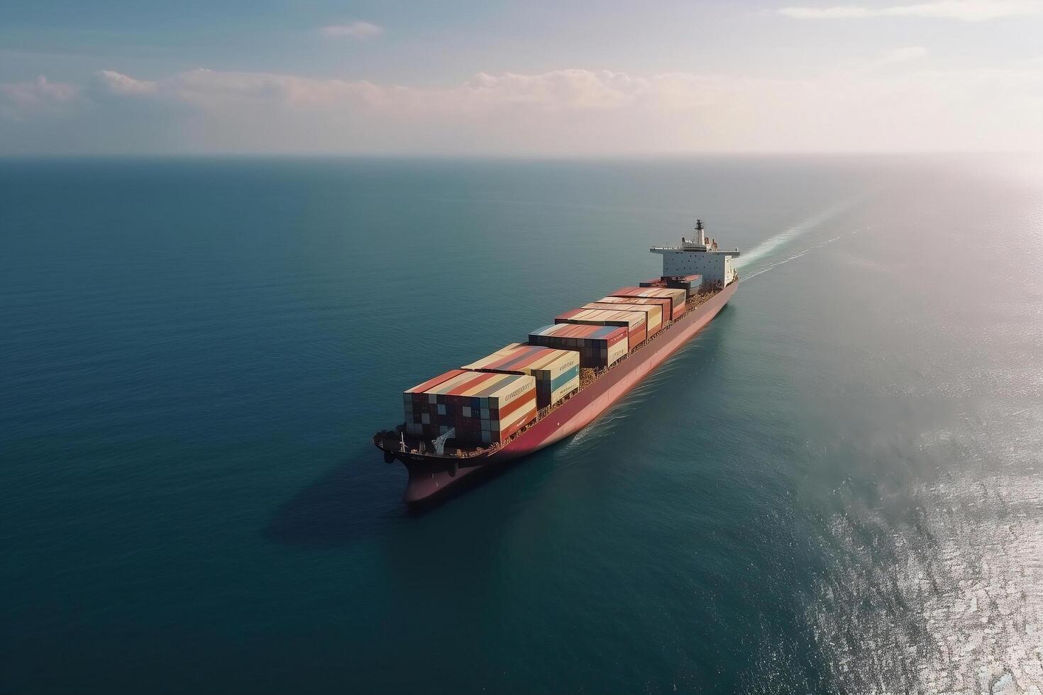 Big transport ship loaded with containers with goods on the open sea photo