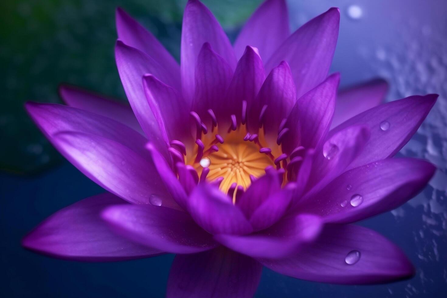 Blooming purple lotus blossom and water crystals in the air as floral background or greeting card photo
