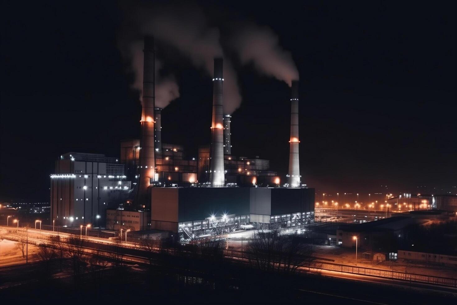 Charcoal power plant complex at industrial district with three smokestacks at night generative ai photo