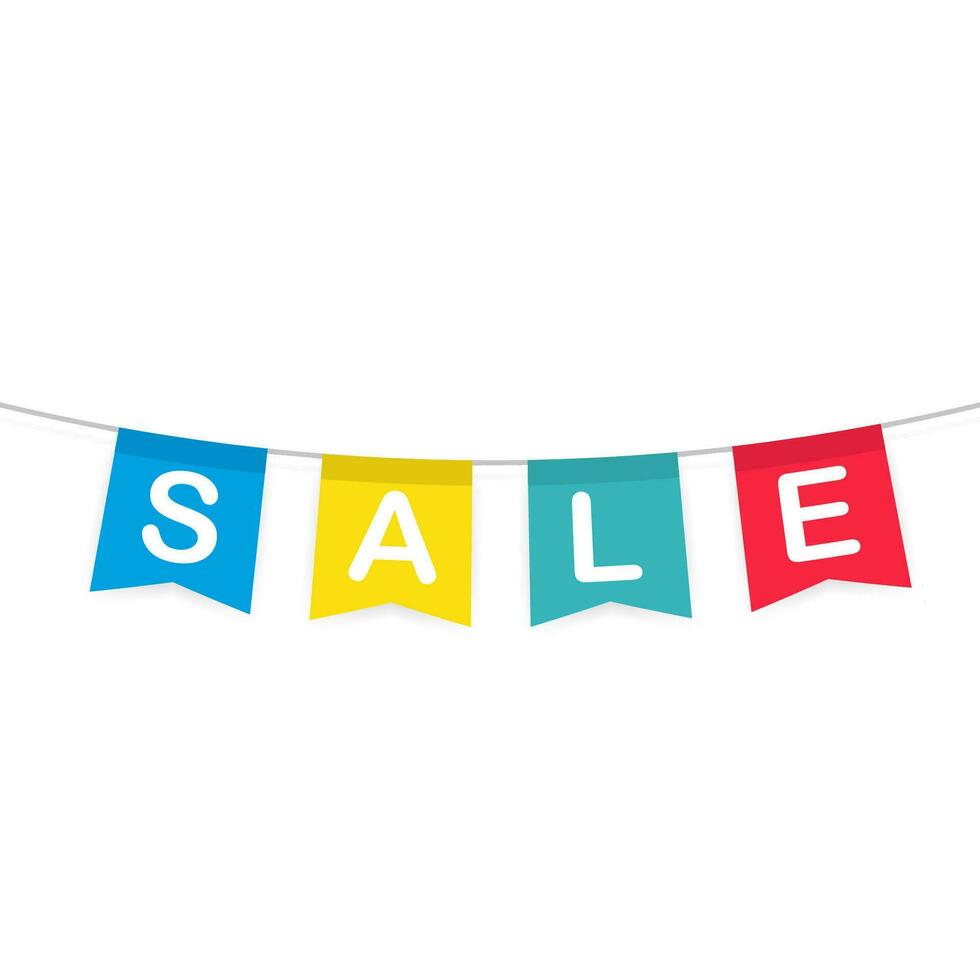 Sale on decorative party pennants with different sizes and lengths. Celebrate flags. Discount tag. vector