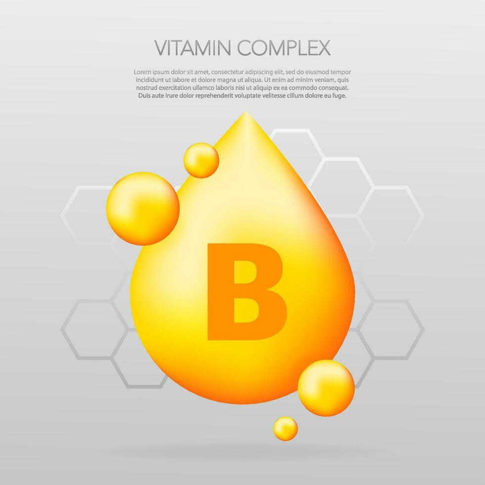 Vitamin B shining pill capcule icon. Shining golden substance drop. Meds ads. Beauty treatment nutrition skin care design. Vector illustration.