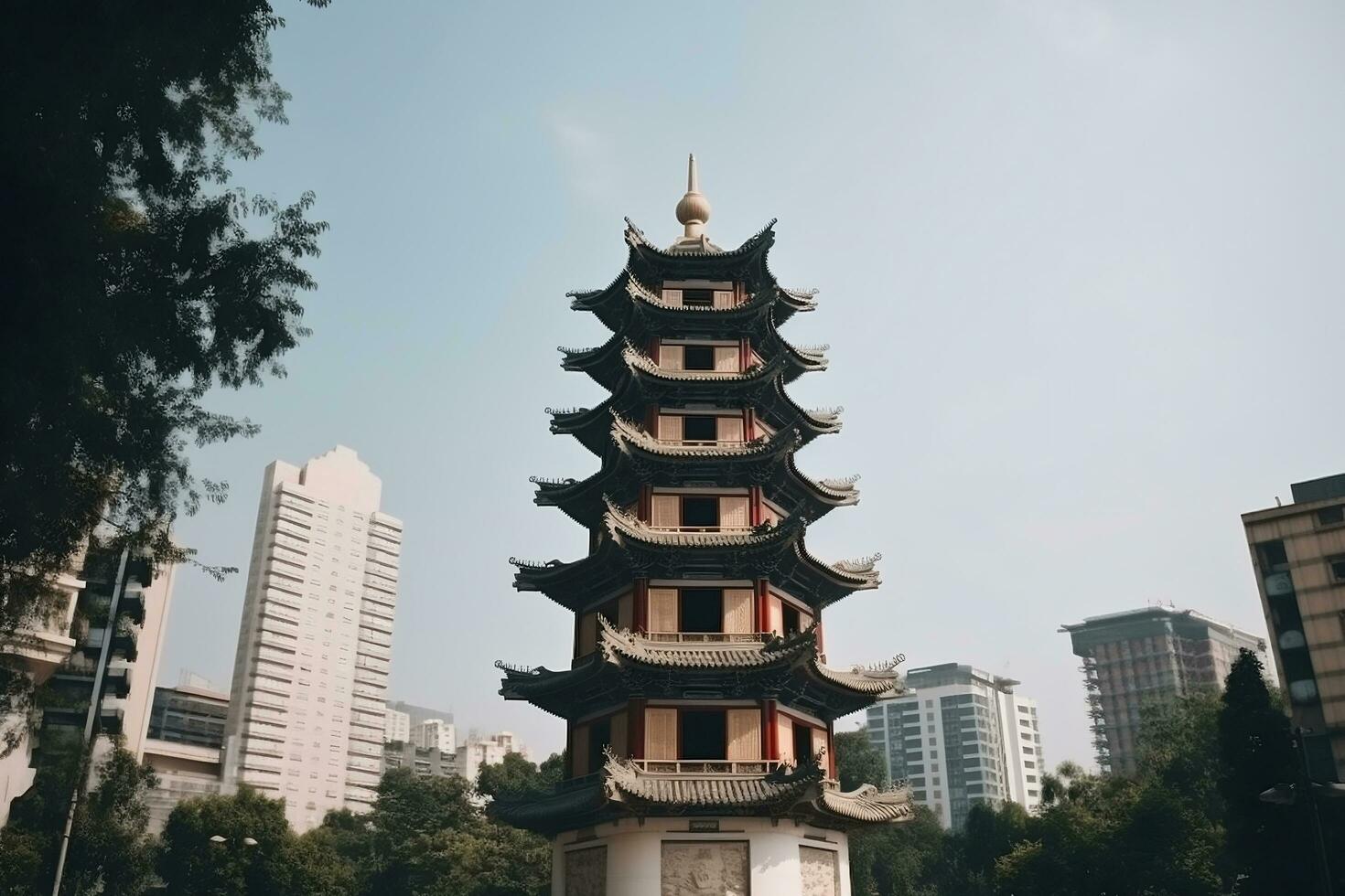 Chinese bell tower and city landmark building generative ai photo
