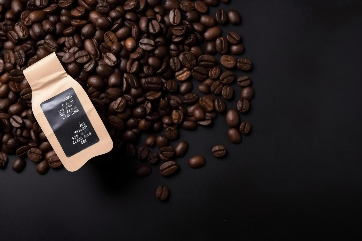 Coffee beans on the table from above and empty label over top view photo