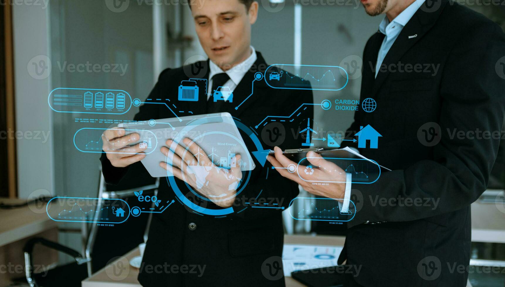 Business team working virtual modern smartphone to reduce CO2 emissions carbon footprint climate change to limit global warming.Sustainable development and green business concept. at office photo