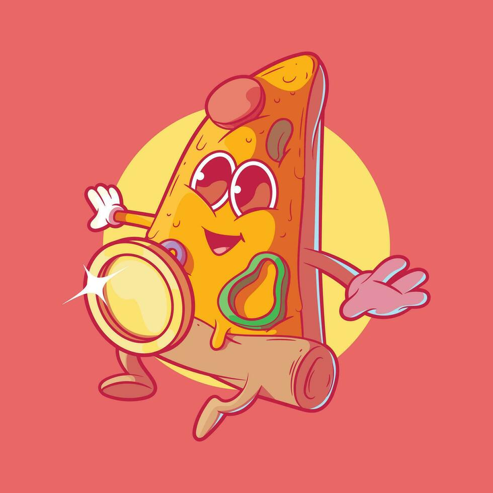 Pizza rebanada personaje saltando cerca un moneda vector ilustración. alimento, dinero, marca diseño concepto.