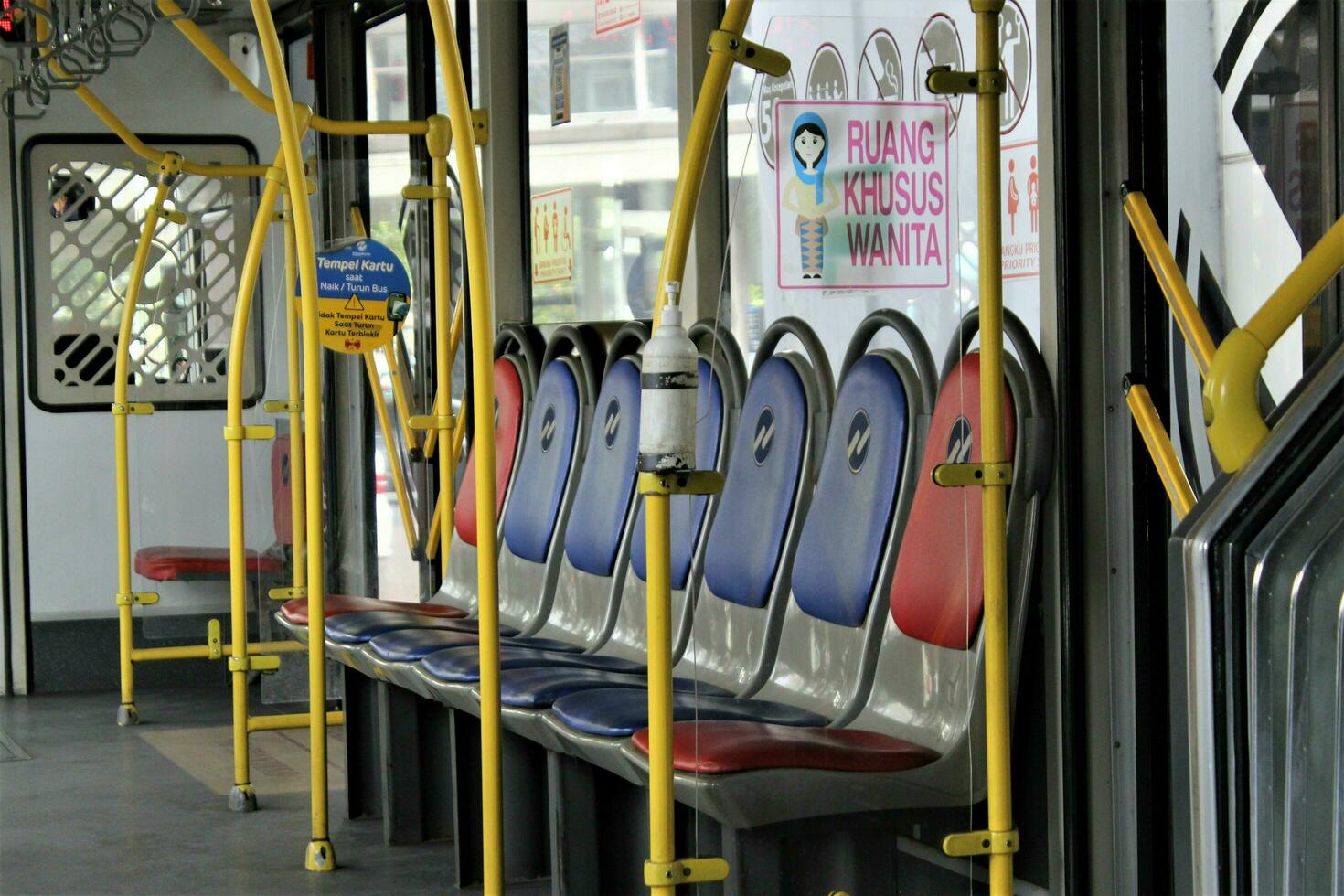 Jakarta, Indonesia-18 June 2023 Transjakarta bus seats with the theme of Transjakarta bus interiors photo