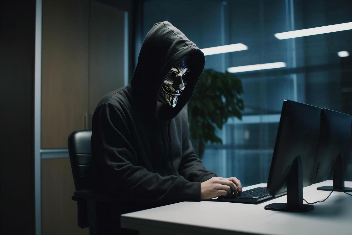 Anonymous hacker with hood and mask sitting next to computer photo