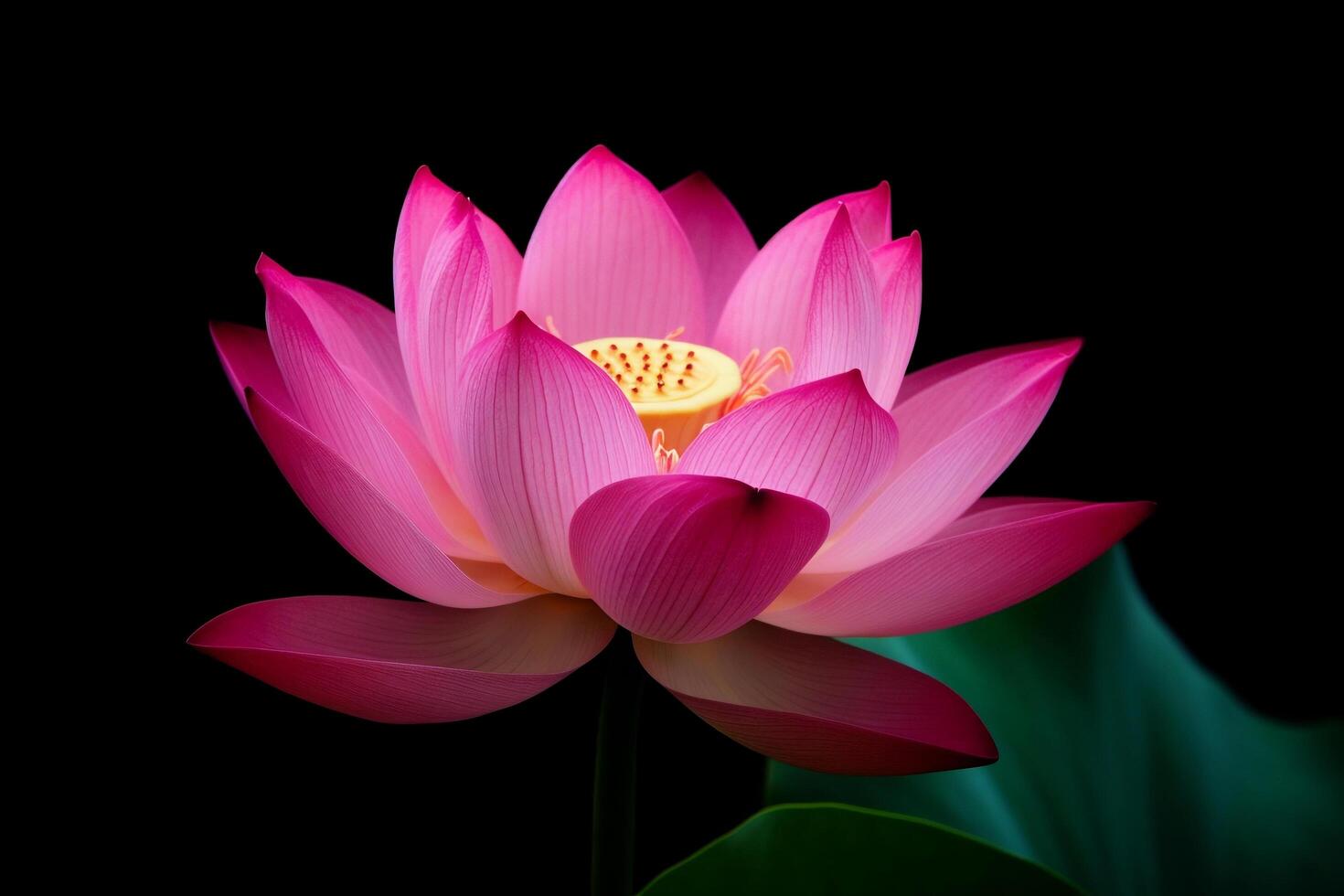 Beautiful pink lotus blosom closeup on dark background photo