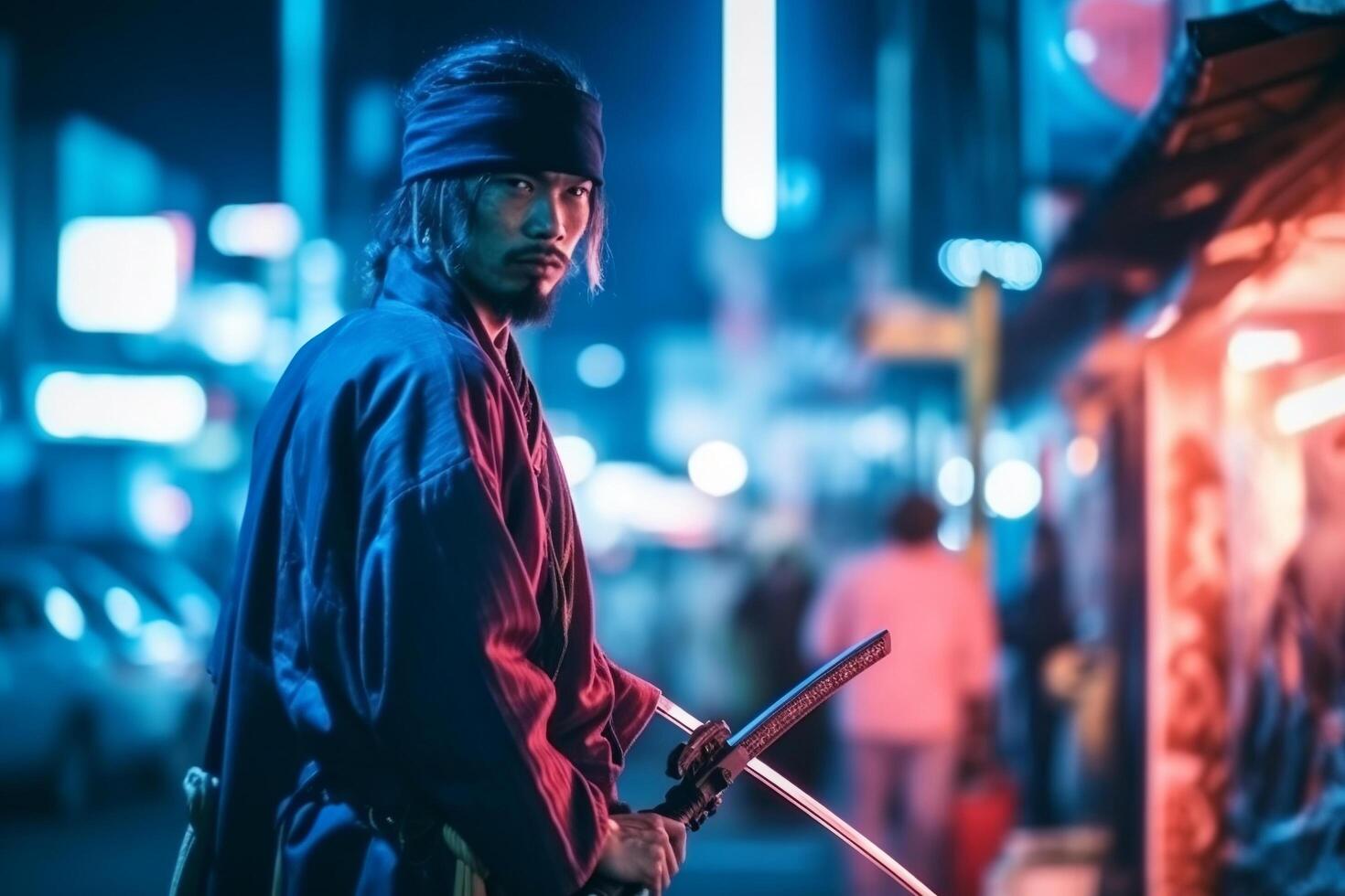 Armed samurai and street with blurred neon lights at night on background photo