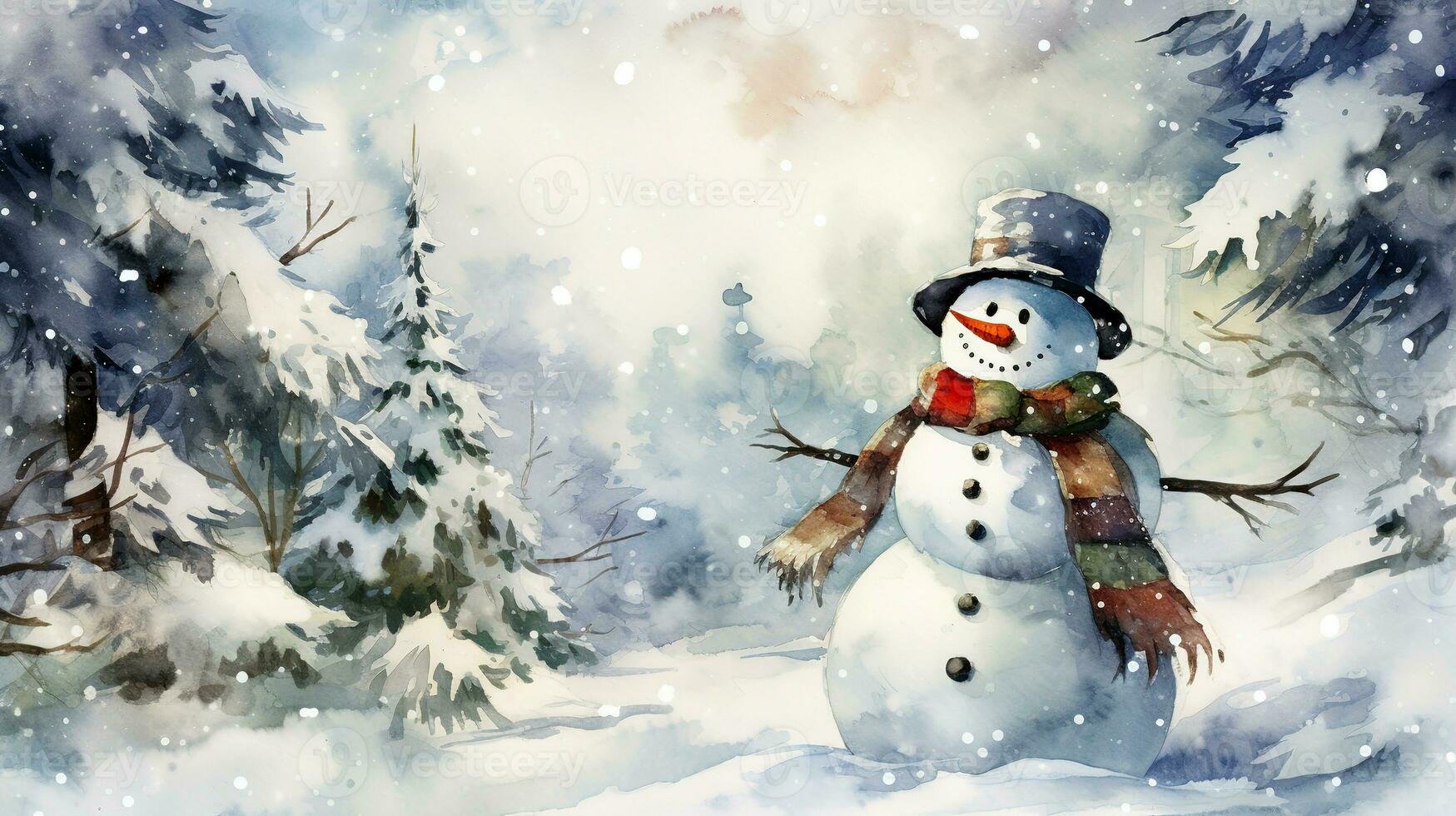 Snowman in the winter forest. Snowman, watercolor illustration. photo