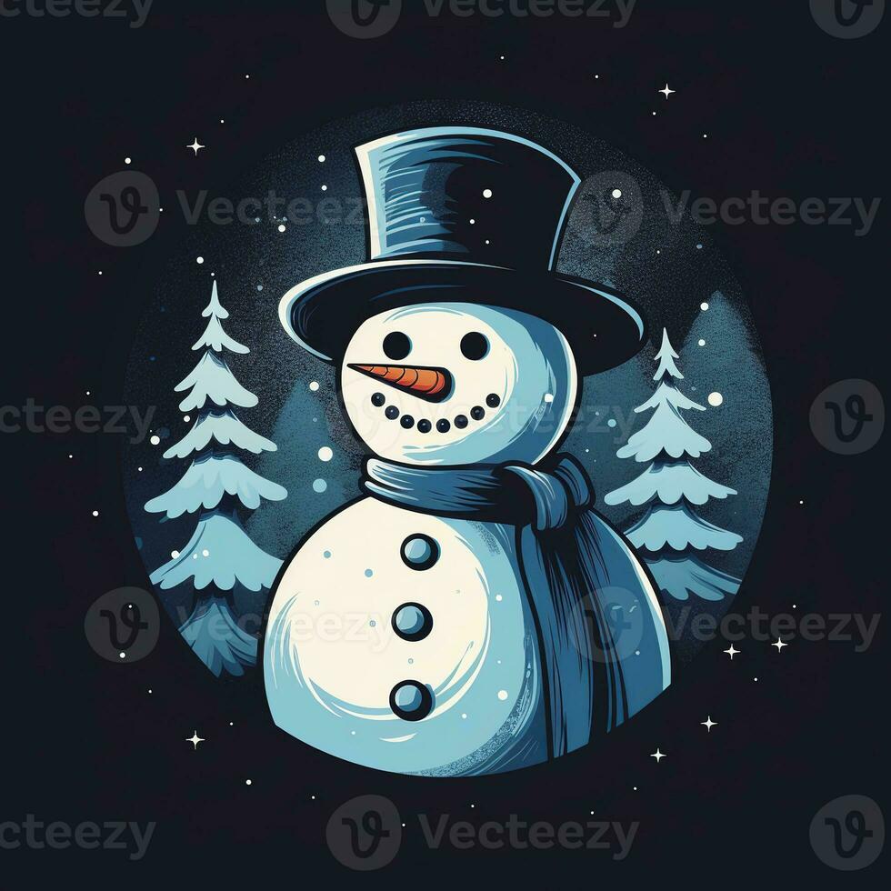 Snowman in a round frame. Snow man against the background of the night forest. photo