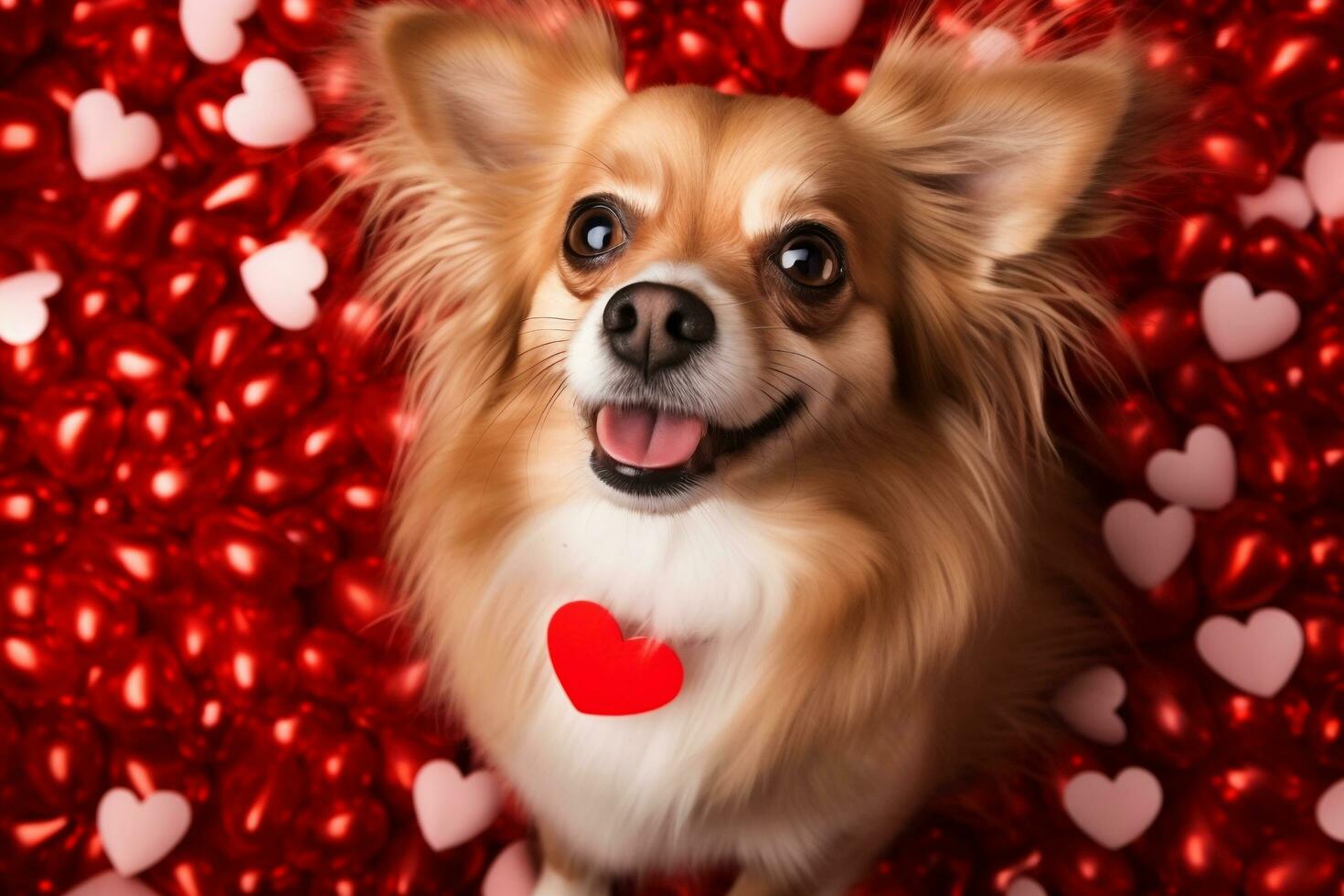 Cute little dog with lots of hearts around generative ai photo