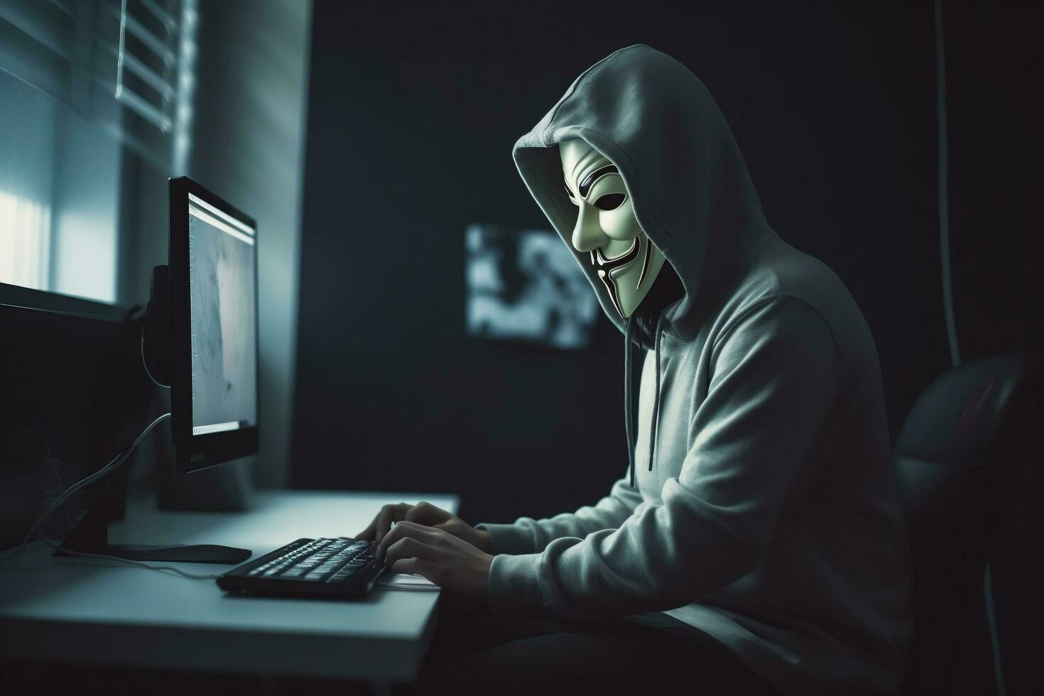 Anonymous hacker with hood and mask sitting next to computer generative ai photo