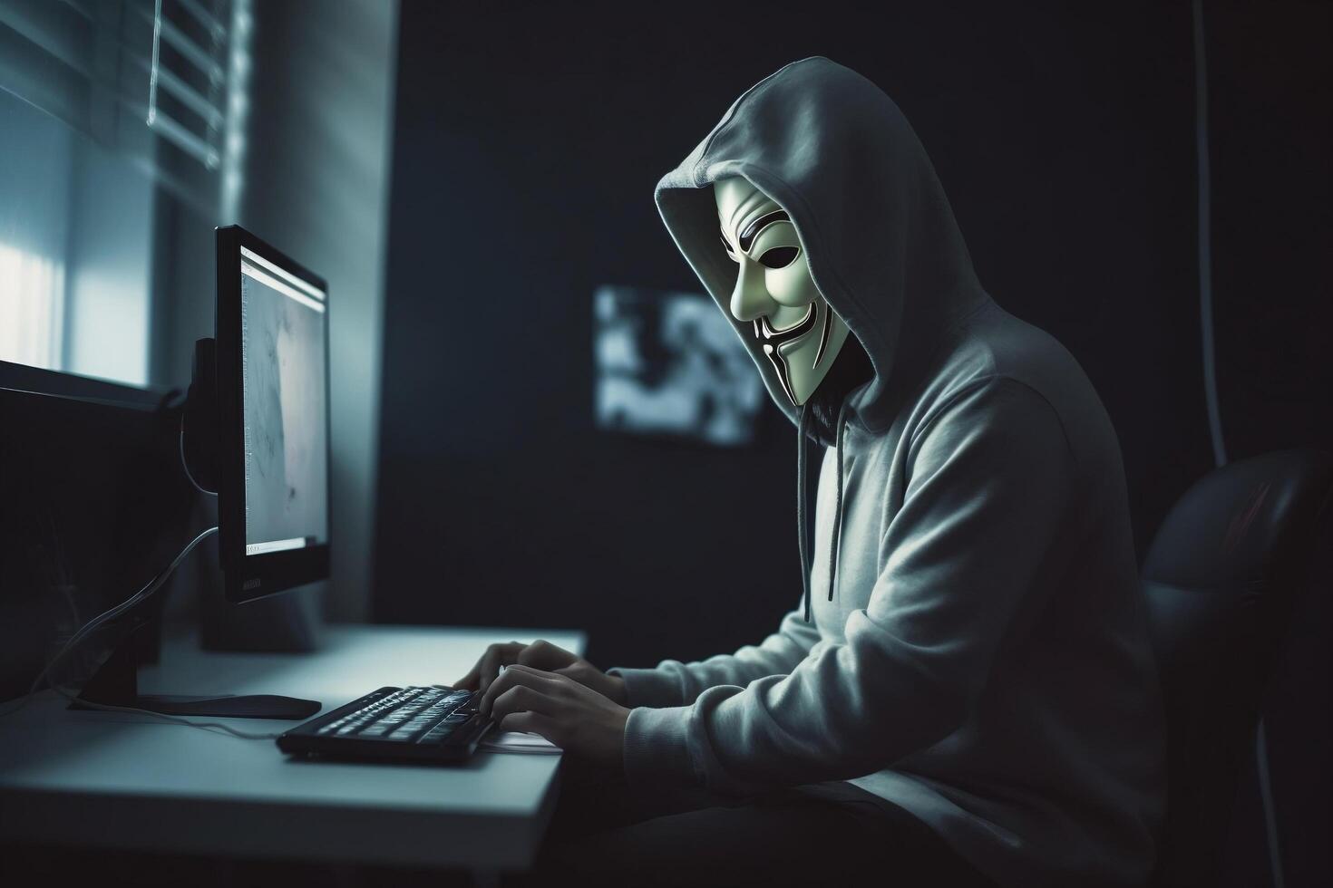 Anonymous hacker with hood and mask sitting next to computer photo
