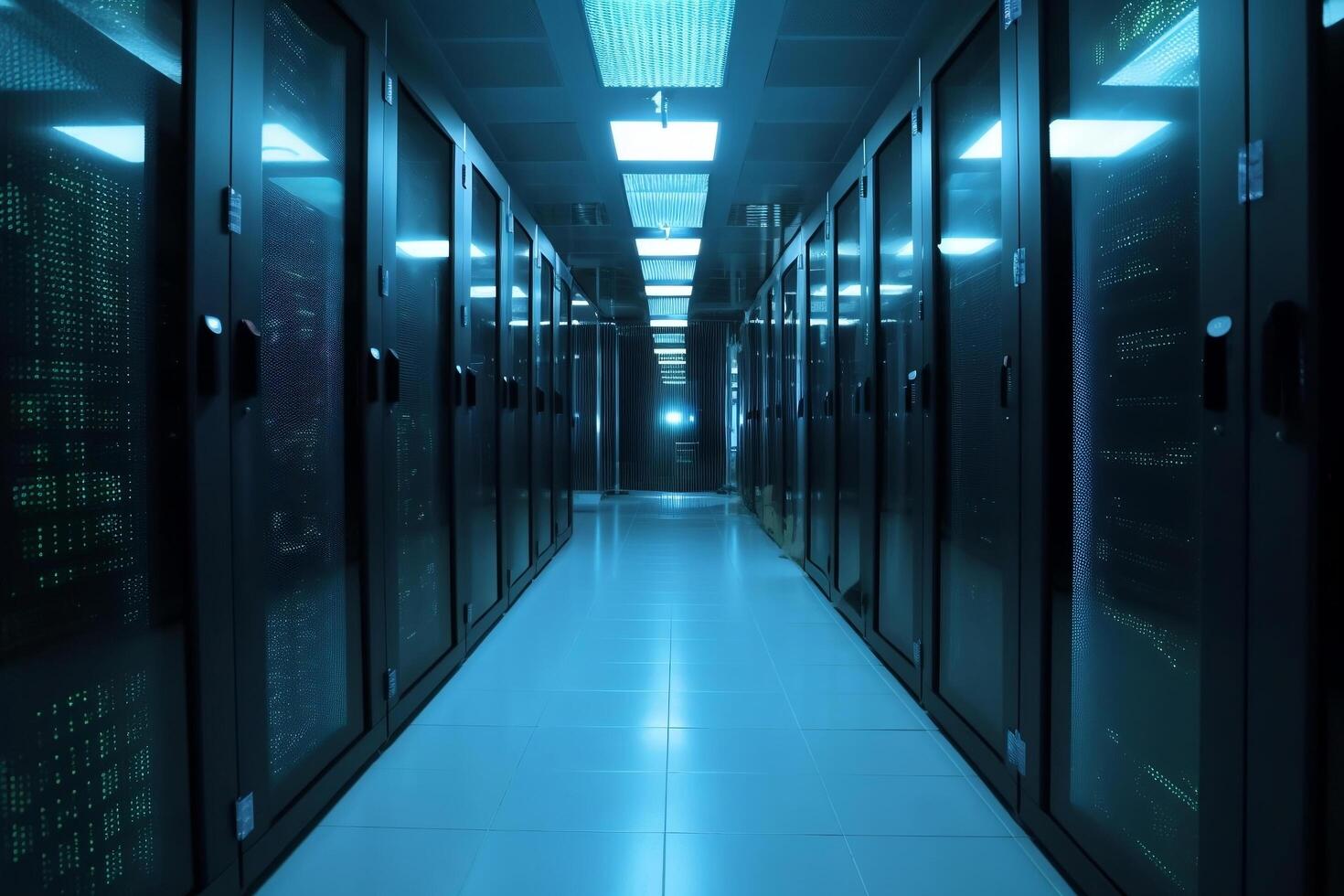 Corridor in server room of cybernetic data center generative ai photo