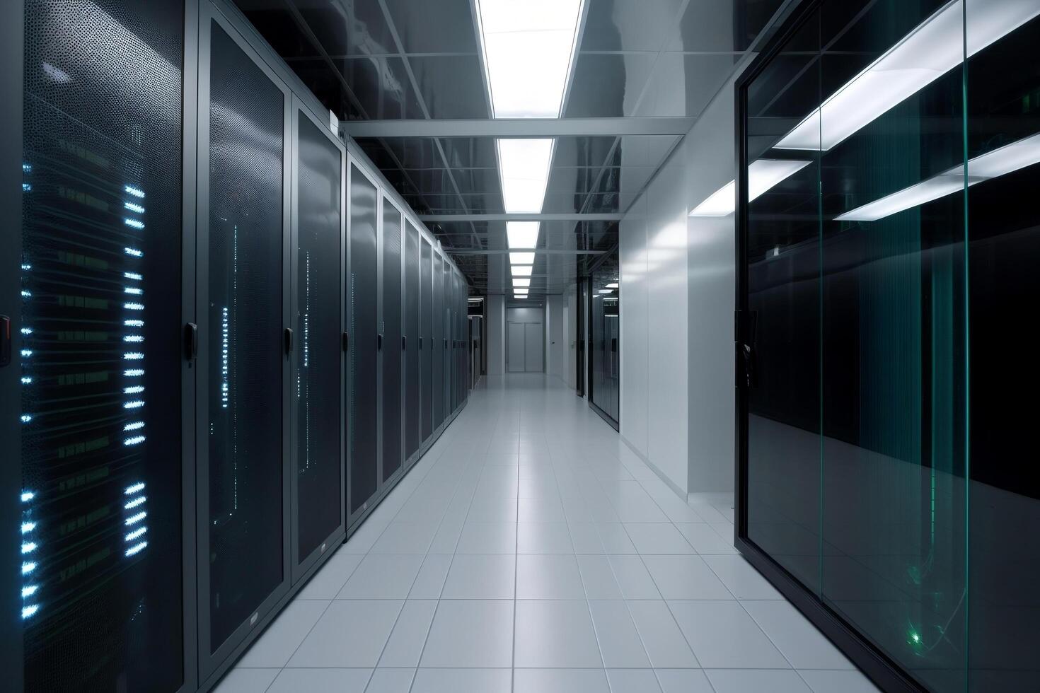 Corridor in server room of cybernetic data center photo