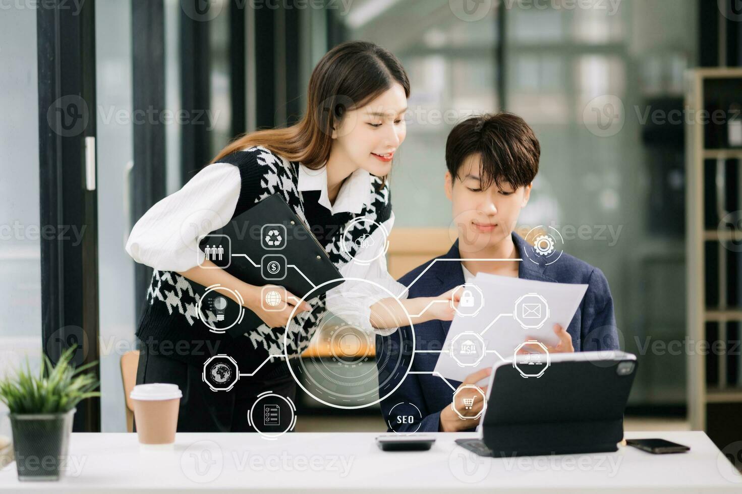 Business Asian team present. professional investor working new start up project. tablet laptop computer with digital marketing media in virtual icon photo