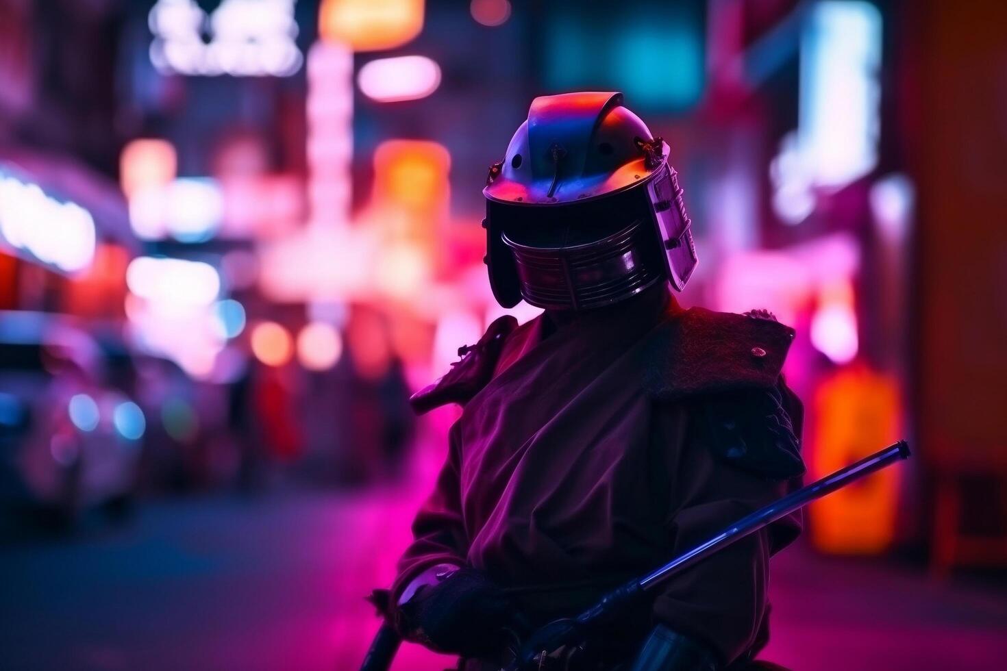 Armed samurai and street with blurred neon lights at night on background photo