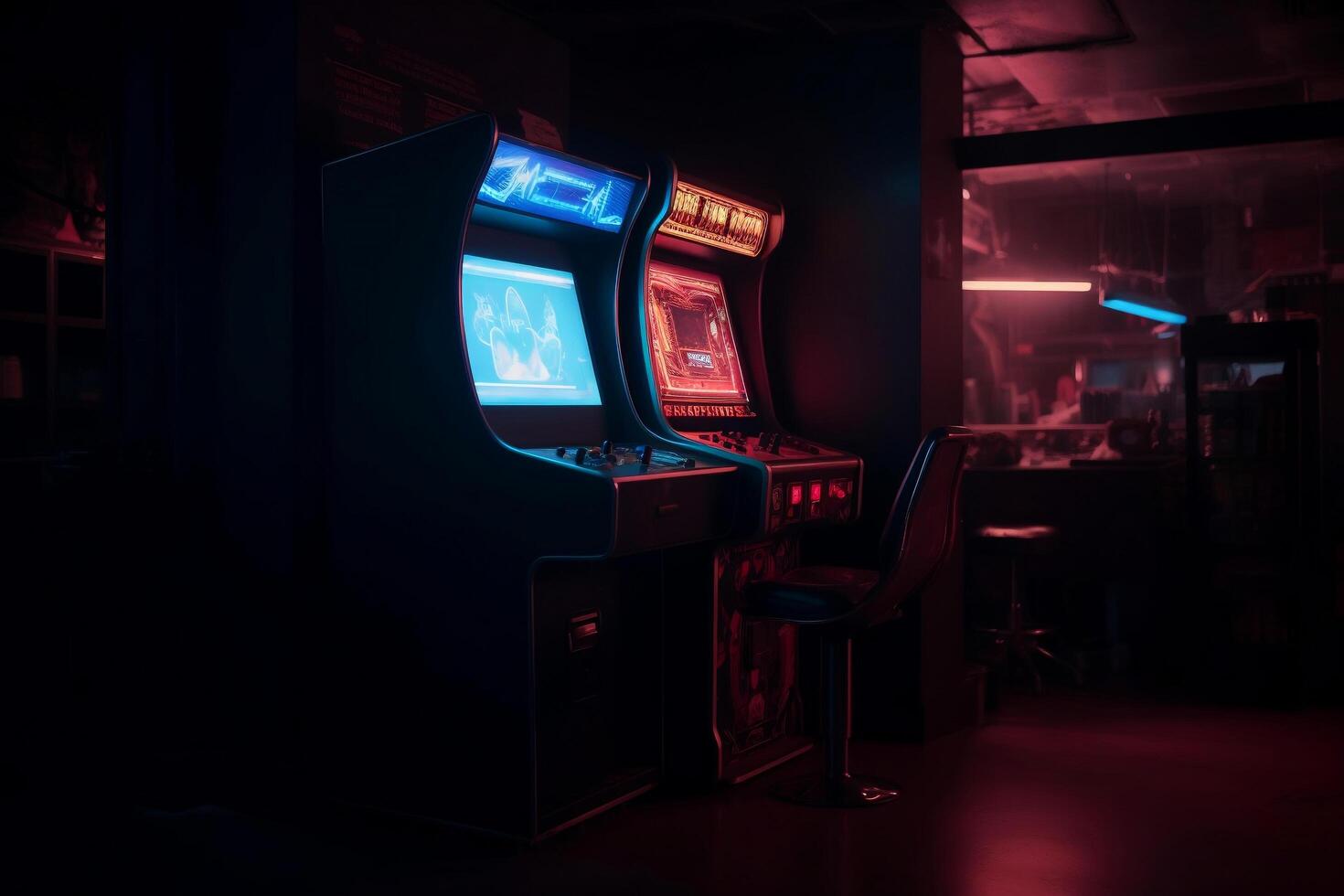 Arcade gaming machine at dark neon lighted room photo