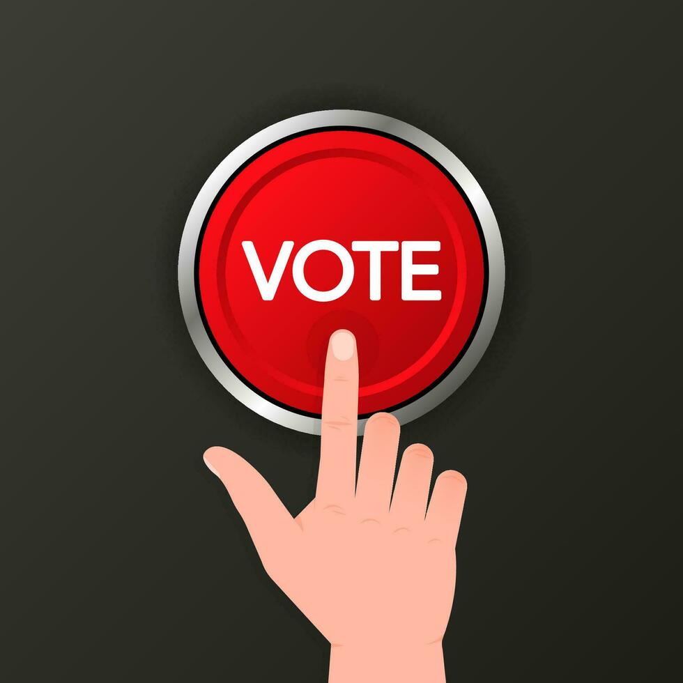 Vote 3D realistic red button on black background. Vector illustration