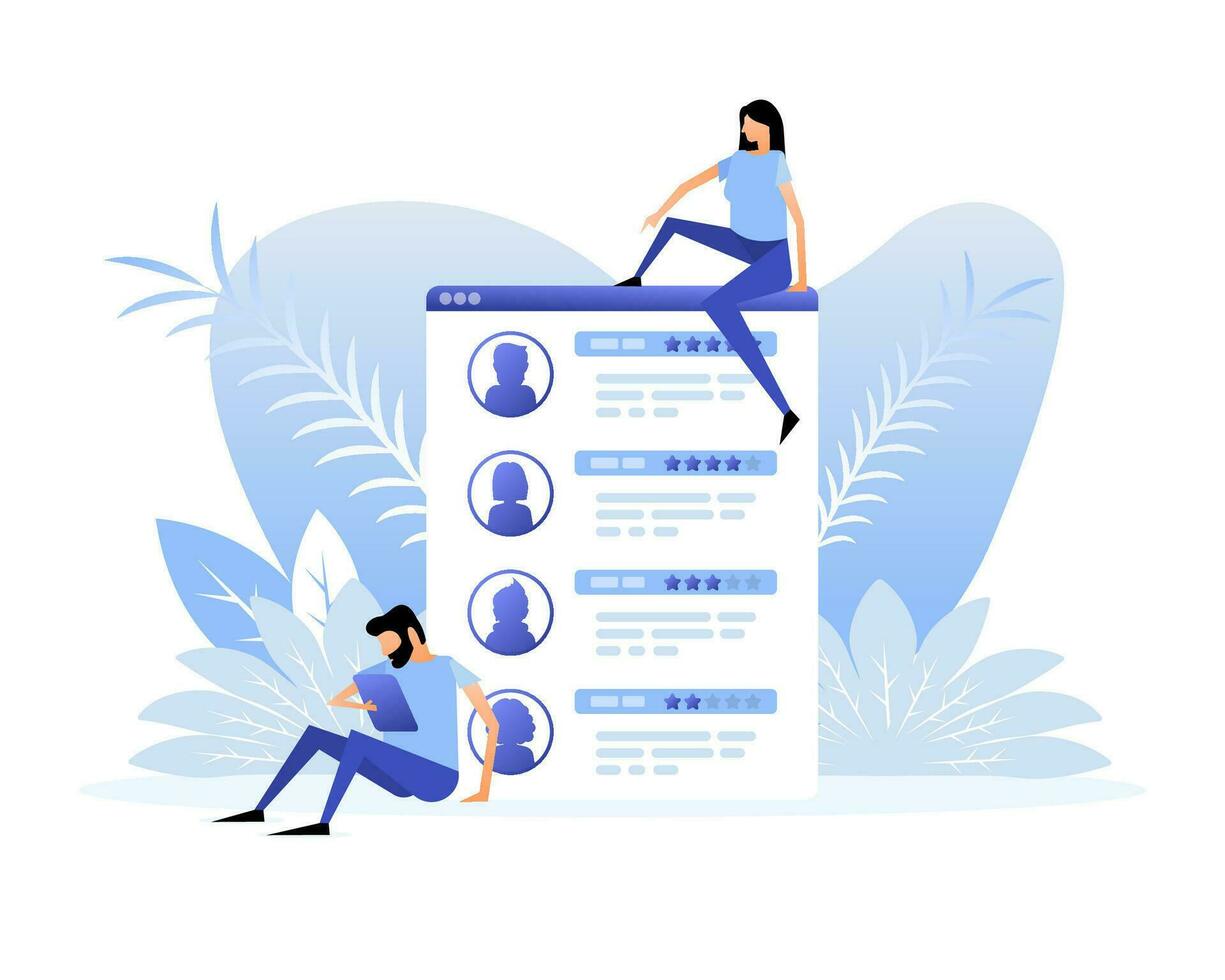 Customer review with gold star icon in laptop screen. People in flat style. Vector illustration