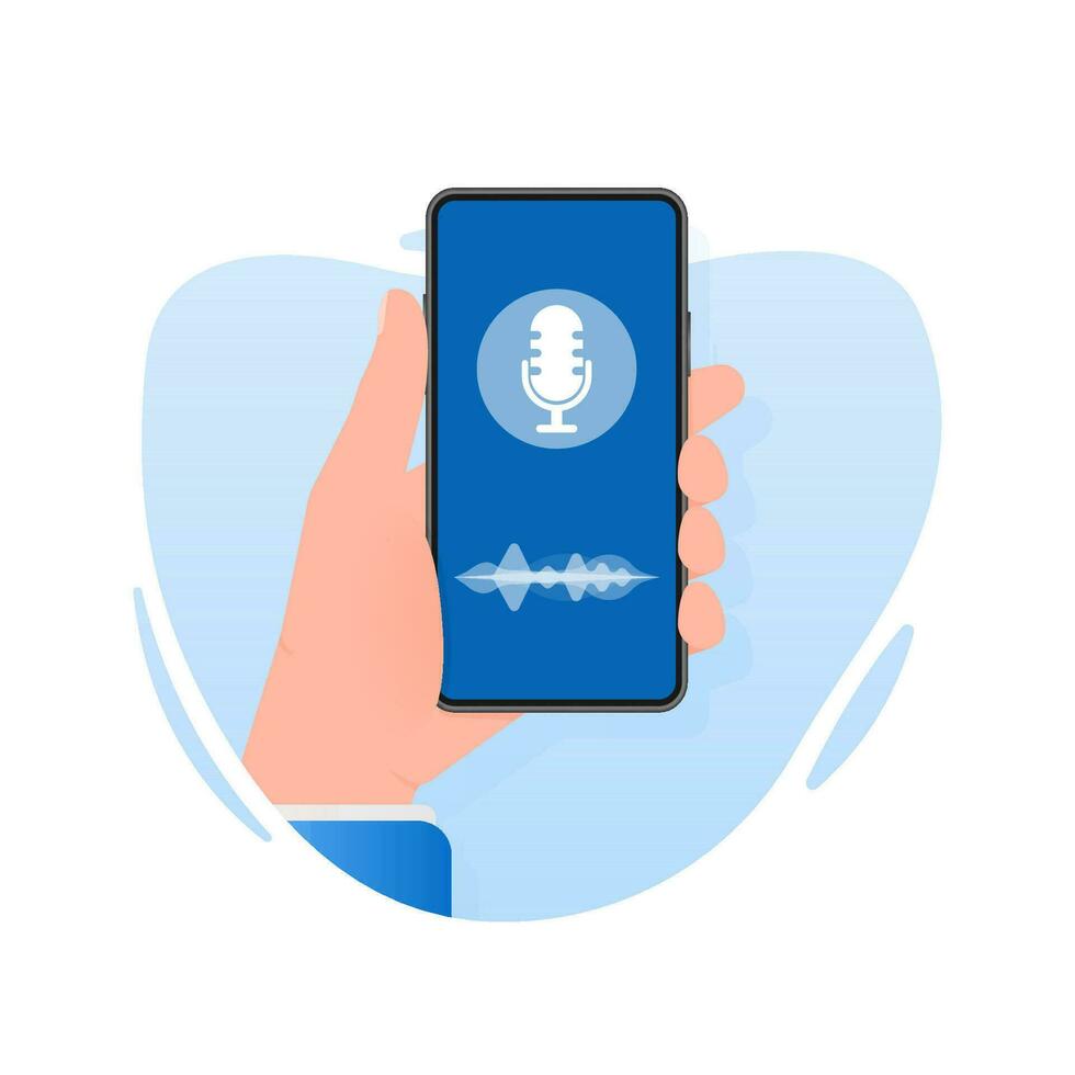 Hand holds phone with record podcast on screen. Vector illustration