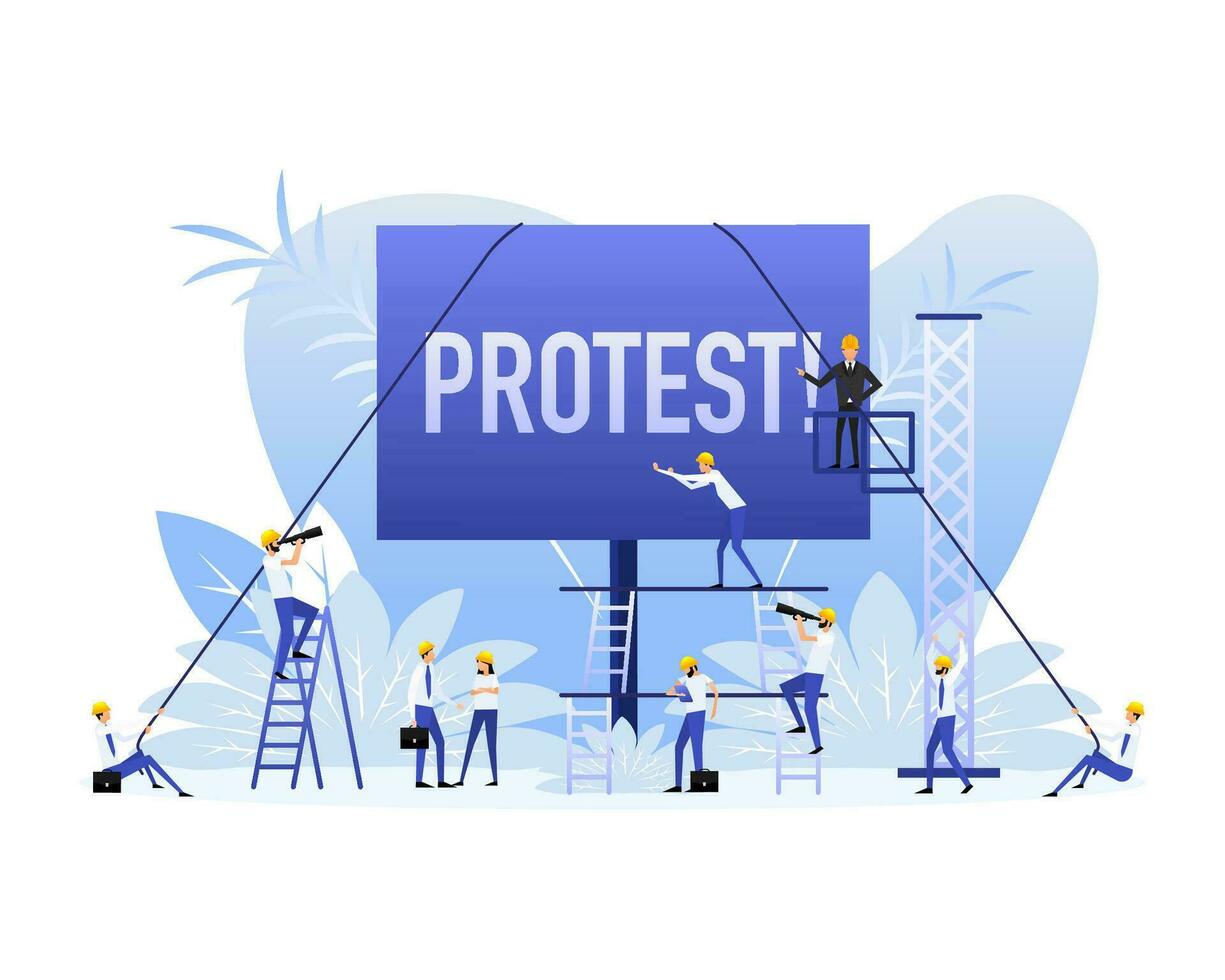 Flat black poster with protest people. Vector illustration