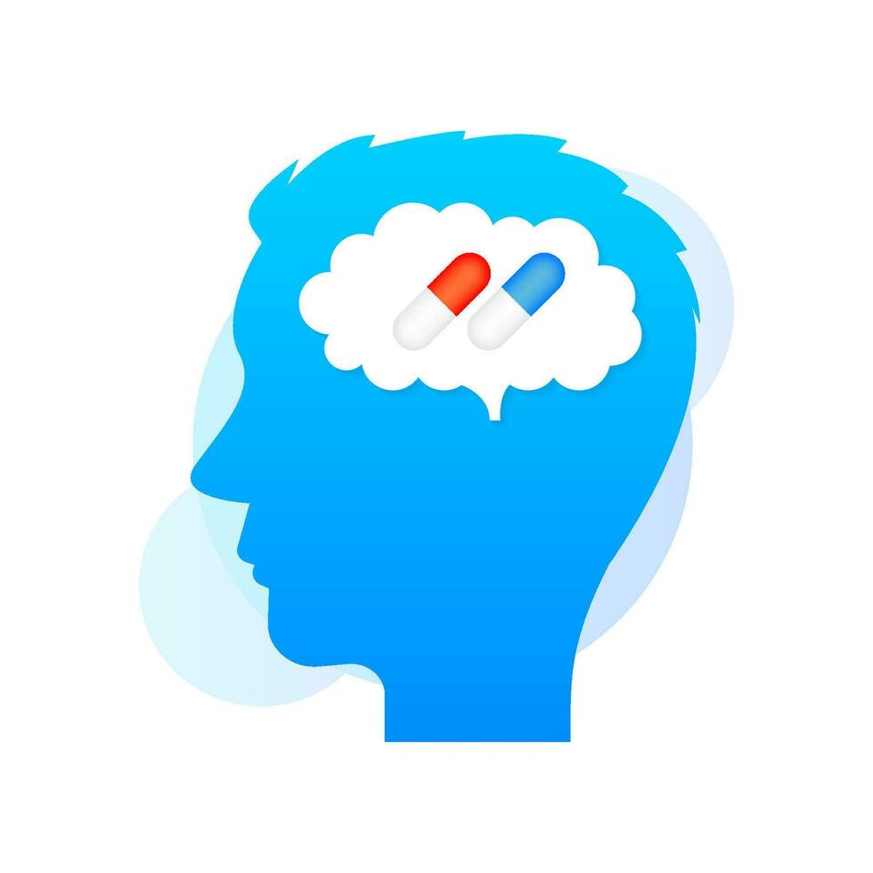 Cartoon character pills brain. Tech support. Vector illustration.