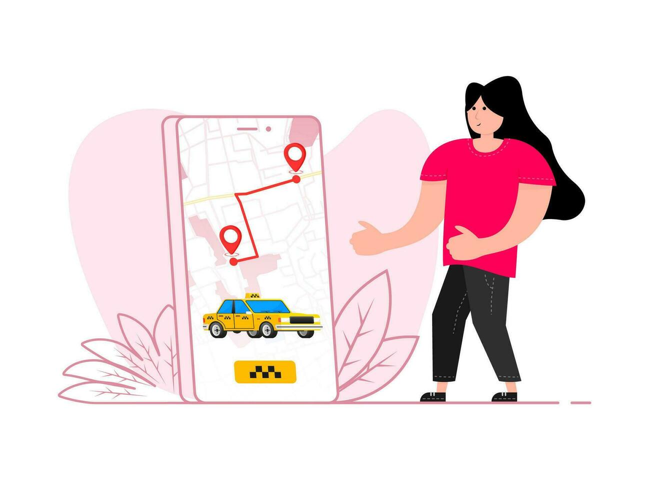 A girl stands near the smartphone, on the screen Taxi app on smartphone screen. Get a taxi. vector